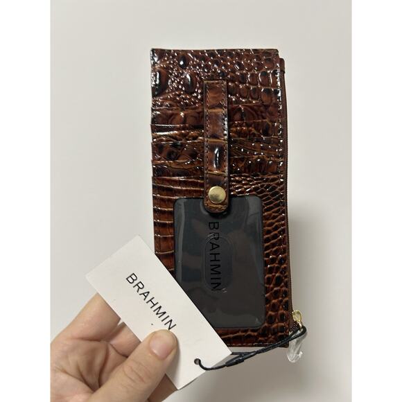 Brahmin Card Case Pecan Brown Melbourne Wallet Croc-Embossed Leather Brown - Picture 1 of 7